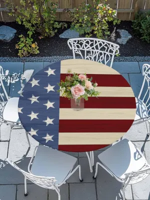 Round Fitted Tablecloth - Classic Patriotic Striped Stars Waterproof Table Cover for Indoor Outdoor Holiday Party, Red White Blue Flag Texture Elastic Edged Tablecloths Fit Up 45"-54" Tables