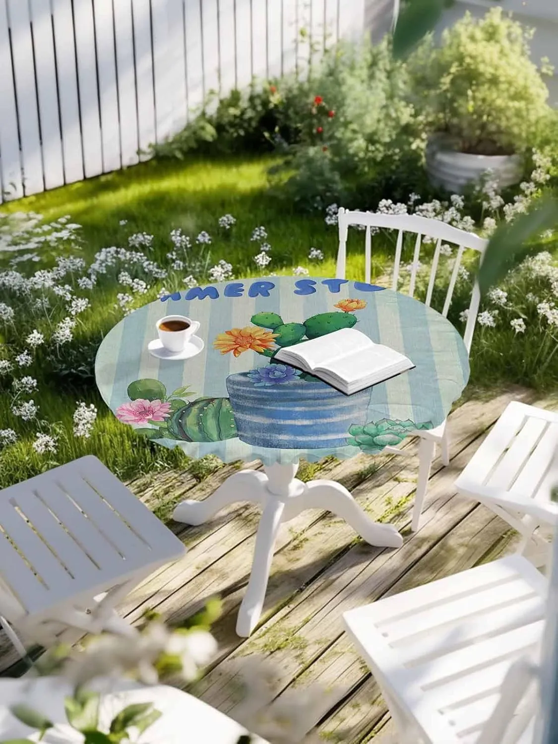 Round Fitted Tablecloth Green Plant Cactus on Blue Sage Green Stripe Waterproof Table Cover for Indoor Outdoor Holiday Party Summer Story Elastic Edged Tablecloths Fit Up 55"-60" Tables