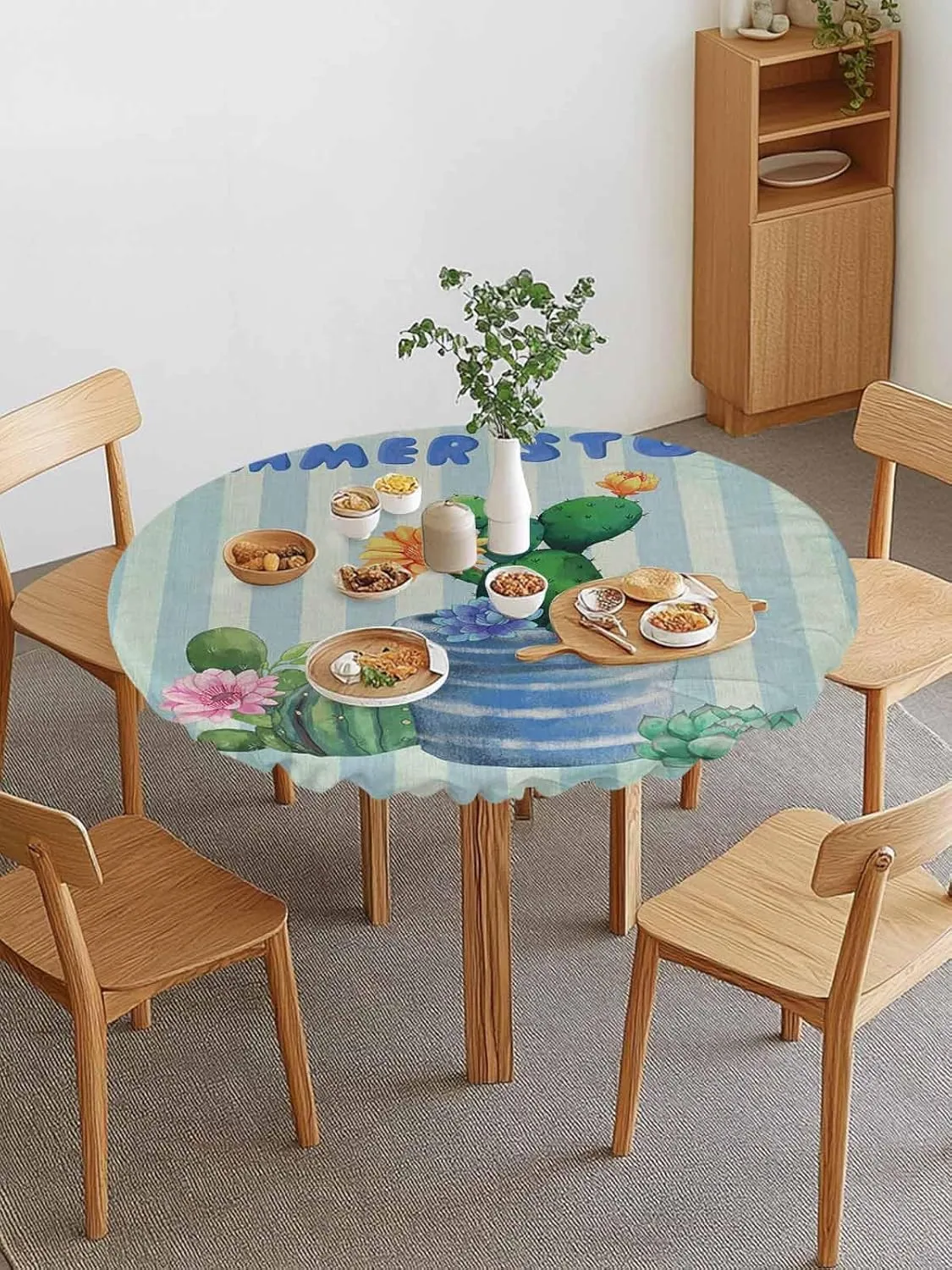 Round Fitted Tablecloth Green Plant Cactus on Blue Sage Green Stripe Waterproof Table Cover for Indoor Outdoor Holiday Party Summer Story Elastic Edged Tablecloths Fit Up 55"-60" Tables