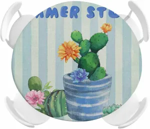 Round Fitted Tablecloth Green Plant Cactus on Blue Sage Green Stripe Waterproof Table Cover for Indoor Outdoor Holiday Party Summer Story Elastic Edged Tablecloths Fit Up 55"-60" Tables