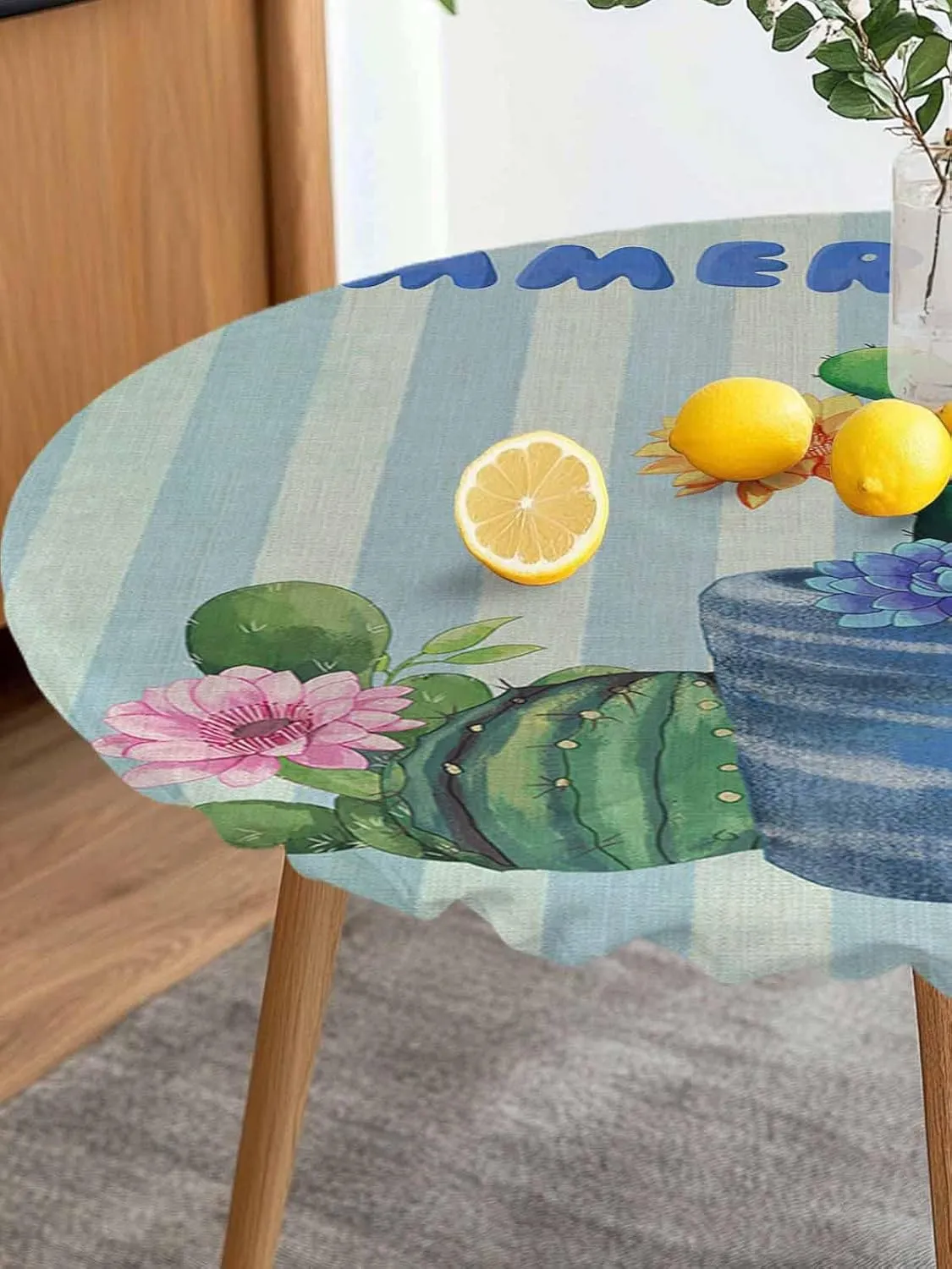 Round Fitted Tablecloth Green Plant Cactus on Blue Sage Green Stripe Waterproof Table Cover for Indoor Outdoor Holiday Party Summer Story Elastic Edged Tablecloths Fit Up 55"-60" Tables