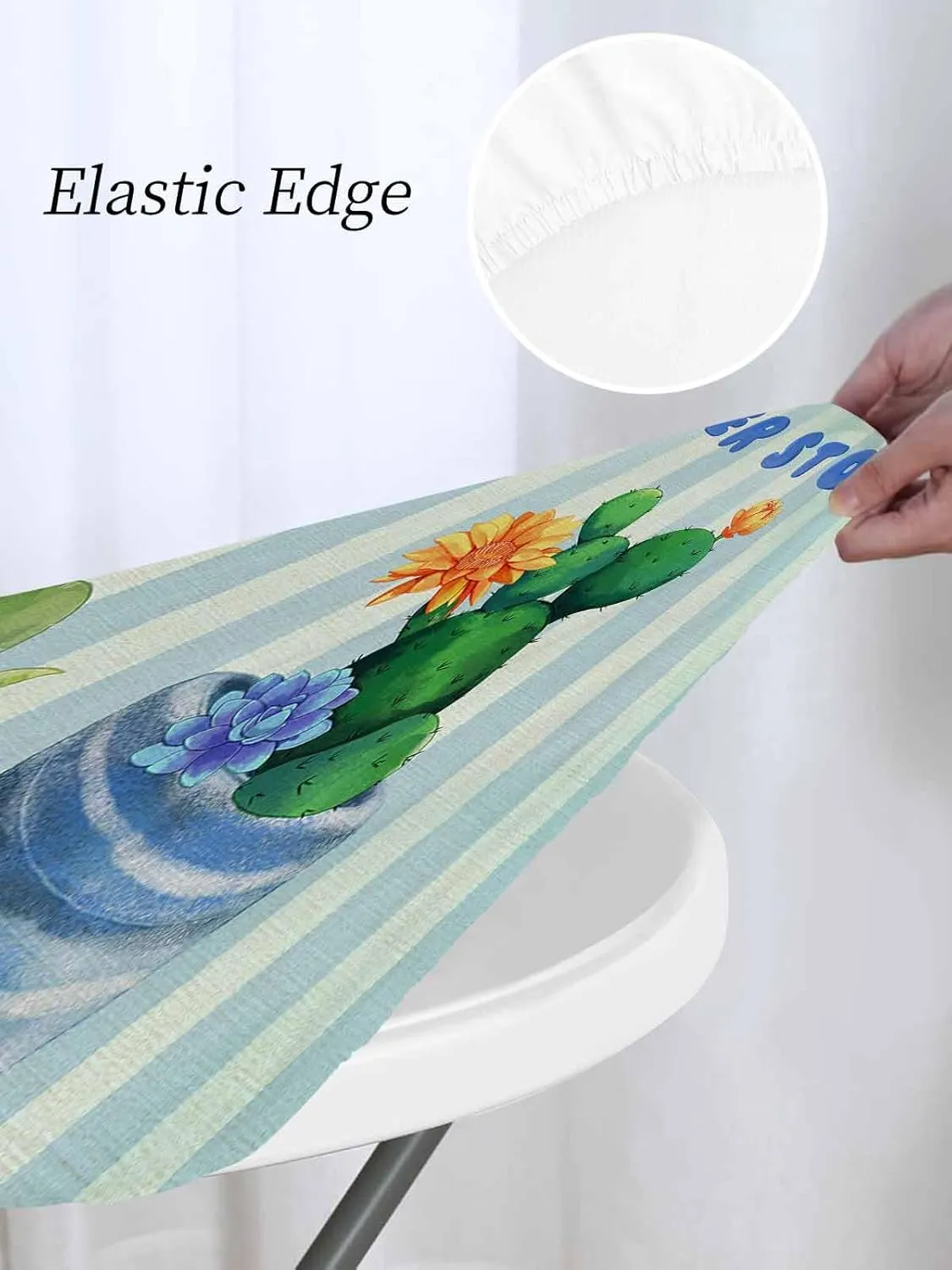 Round Fitted Tablecloth Green Plant Cactus on Blue Sage Green Stripe Waterproof Table Cover for Indoor Outdoor Holiday Party Summer Story Elastic Edged Tablecloths Fit Up 55"-60" Tables