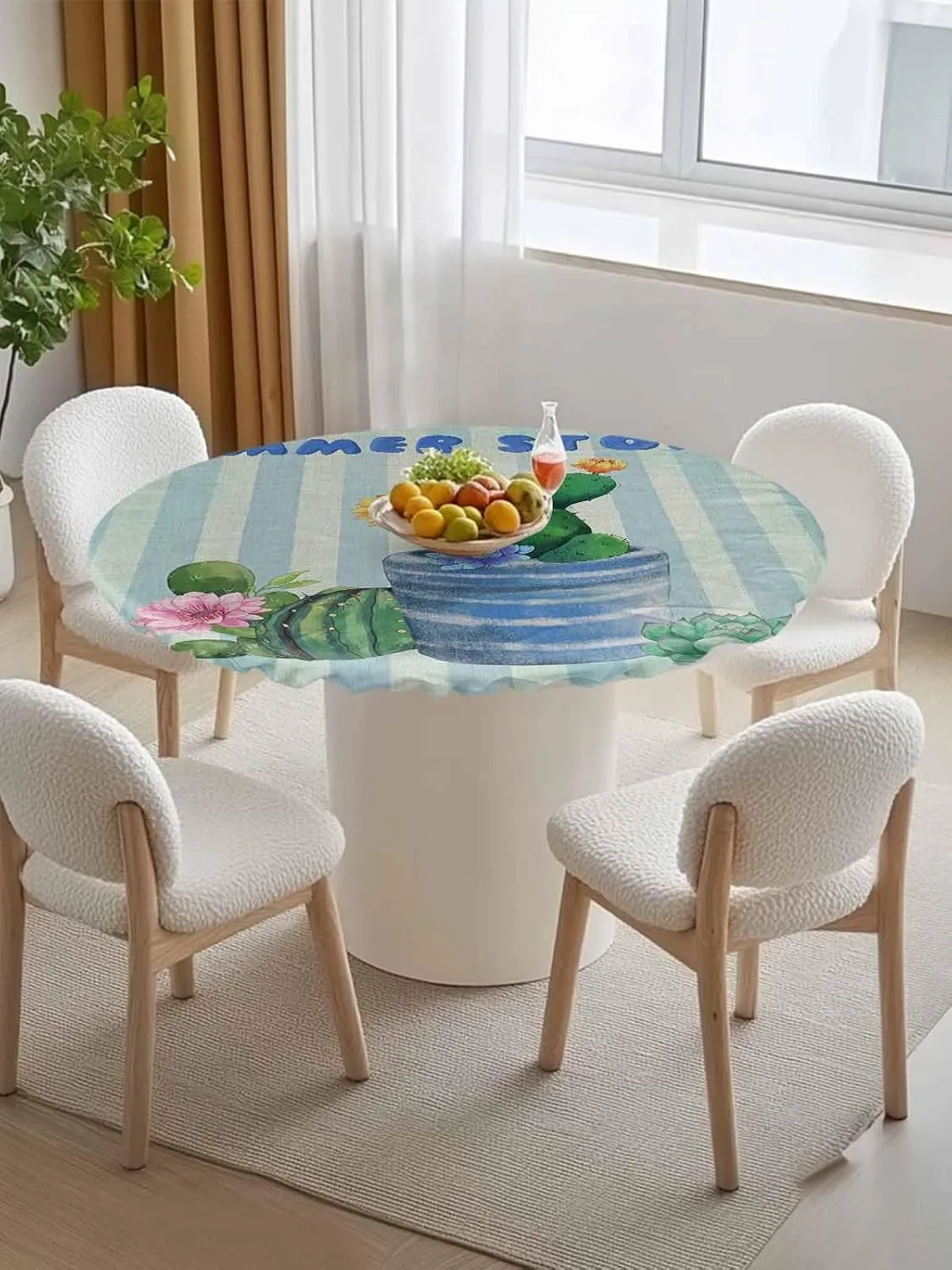 Round Fitted Tablecloth Green Plant Cactus on Blue Sage Green Stripe Waterproof Table Cover for Indoor Outdoor Holiday Party Summer Story Elastic Edged Tablecloths Fit Up 55"-60" Tables