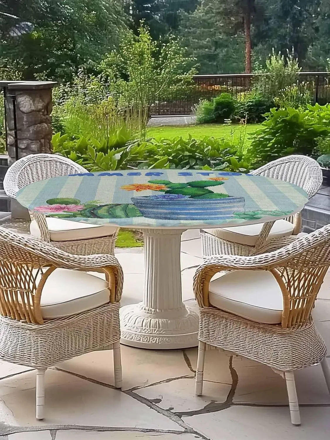 Round Fitted Tablecloth Green Plant Cactus on Blue Sage Green Stripe Waterproof Table Cover for Indoor Outdoor Holiday Party Summer Story Elastic Edged Tablecloths Fit Up 55"-60" Tables