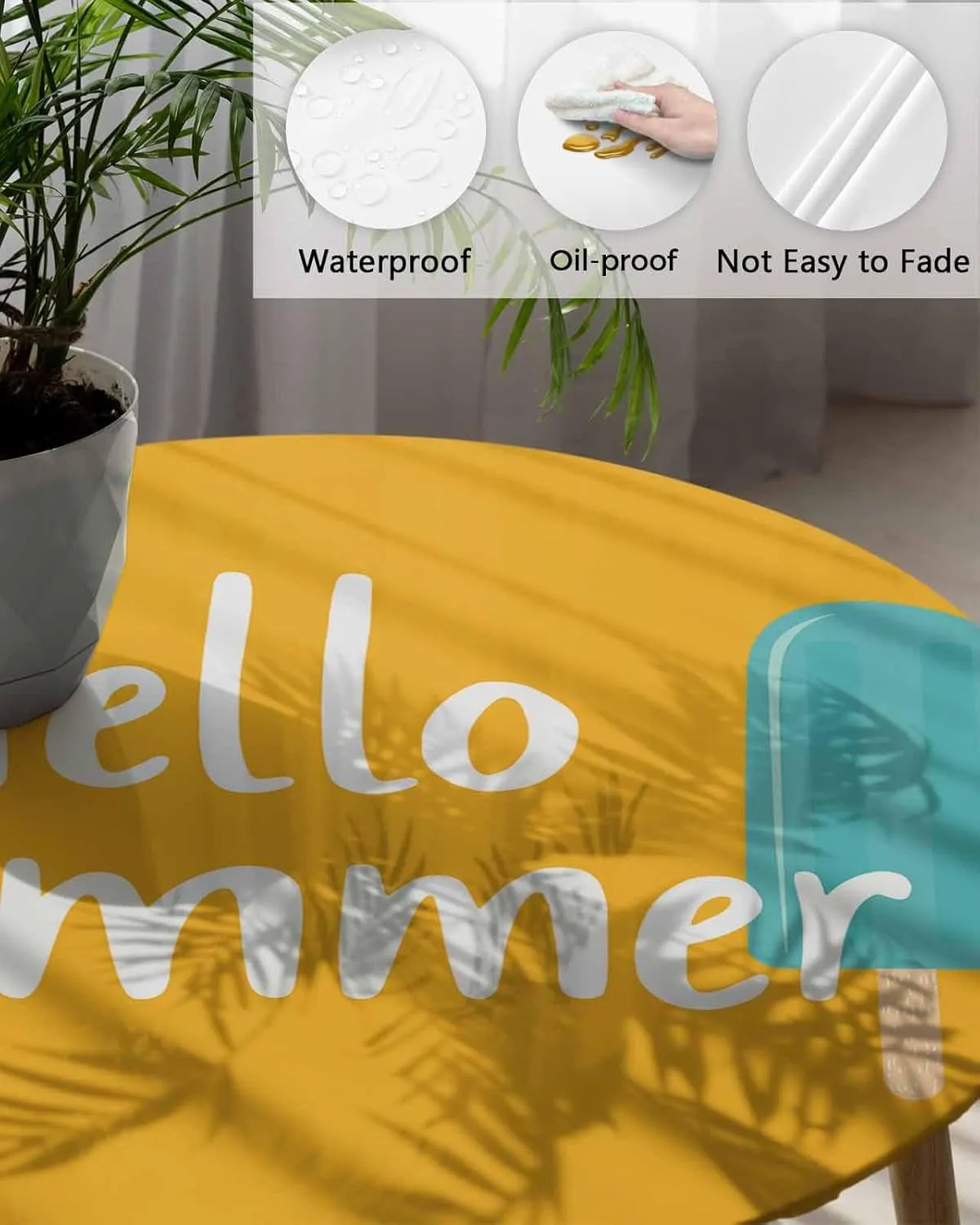 Round Fitted Tablecloth - Hello Summer Funny Text Waterproof Table Cover for Indoor Outdoor Holiday Party, Blue Ice Cream on Orange Elastic Edged Tablecloths Fit Up 55"-60" Tables