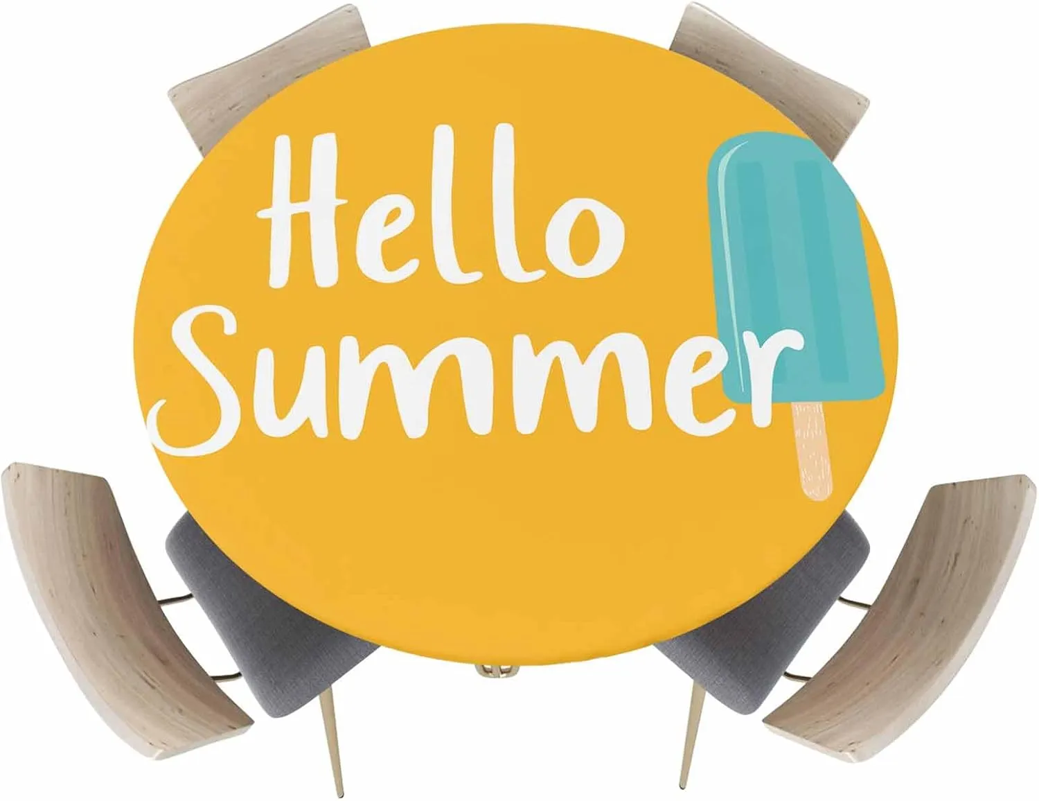 Round Fitted Tablecloth - Hello Summer Funny Text Waterproof Table Cover for Indoor Outdoor Holiday Party, Blue Ice Cream on Orange Elastic Edged Tablecloths Fit Up 55"-60" Tables