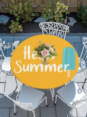 Round Fitted Tablecloth - Hello Summer Funny Text Waterproof Table Cover for Indoor Outdoor Holiday Party, Blue Ice Cream on Orange Elastic Edged Tablecloths Fit Up 55"-60" Tables