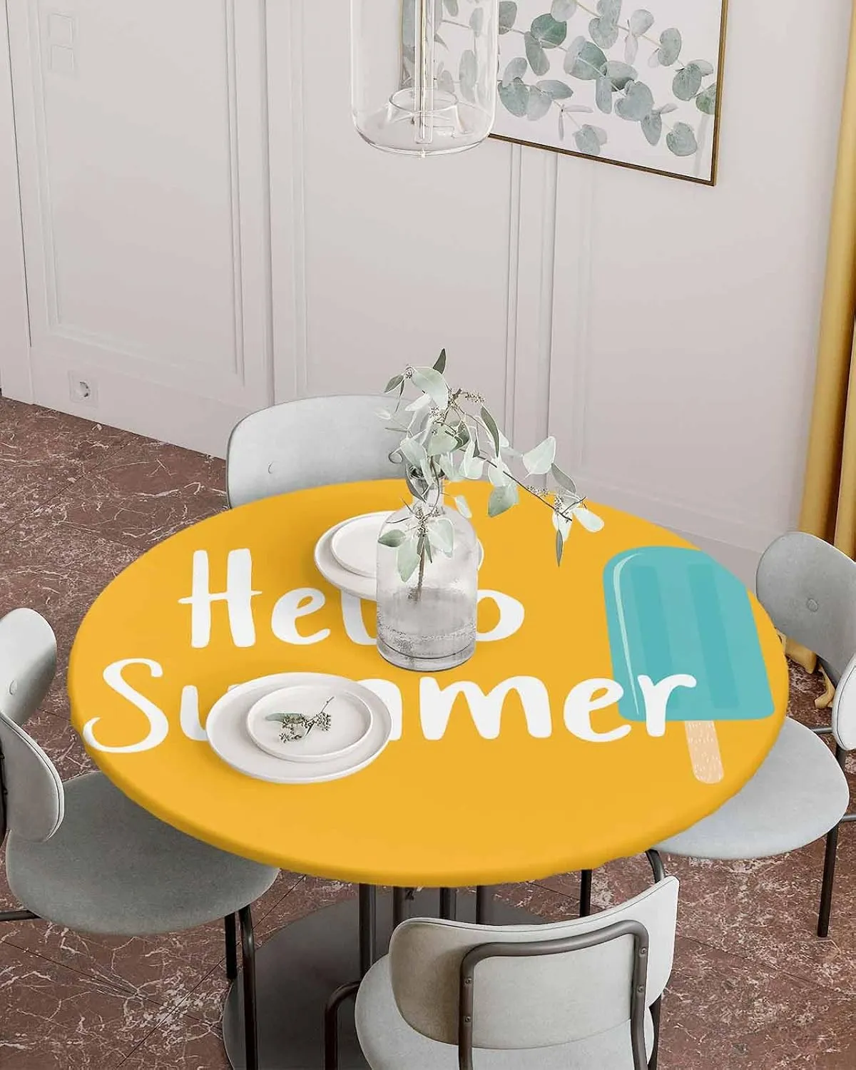 Round Fitted Tablecloth - Hello Summer Funny Text Waterproof Table Cover for Indoor Outdoor Holiday Party, Blue Ice Cream on Orange Elastic Edged Tablecloths Fit Up 55"-60" Tables