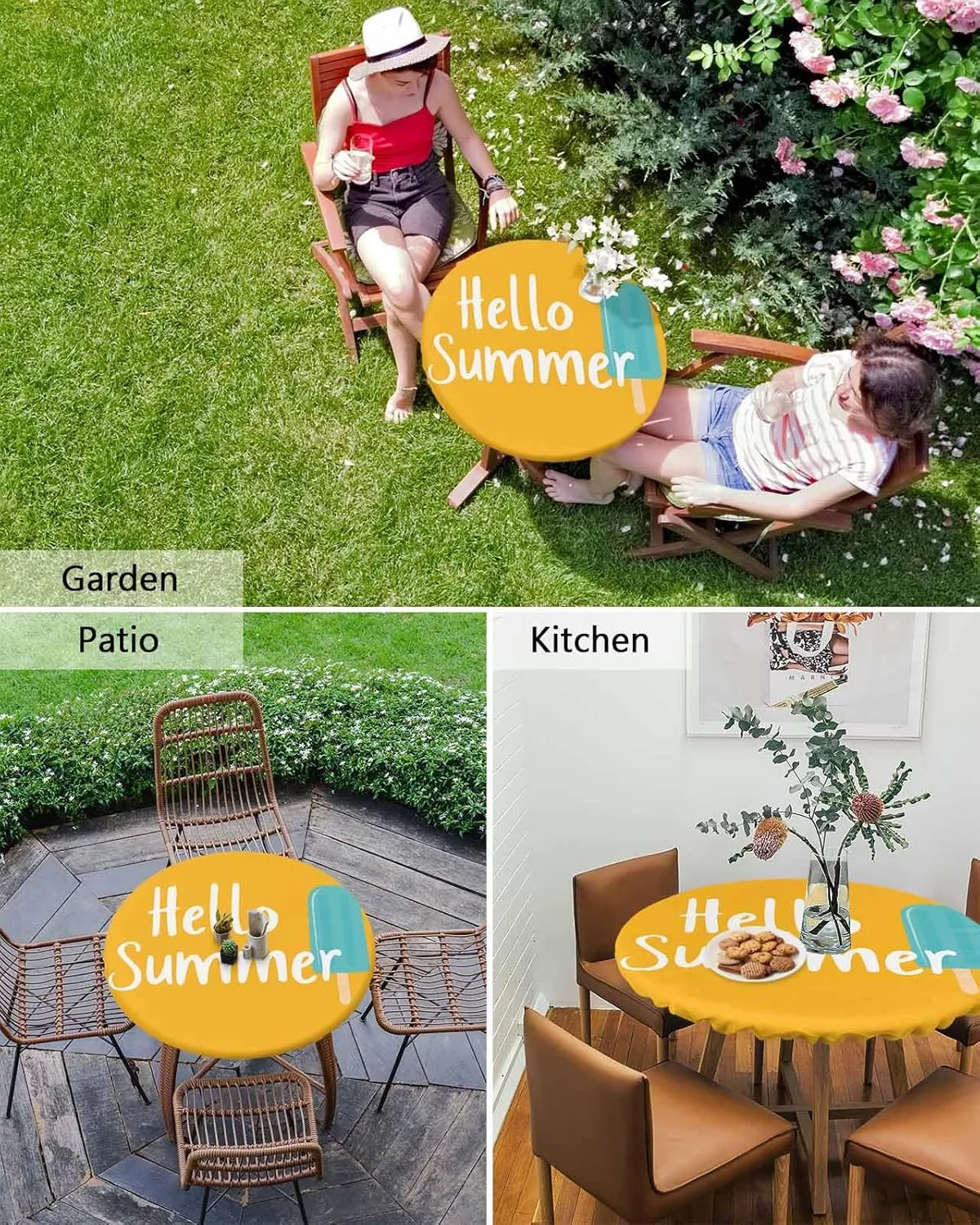 Round Fitted Tablecloth - Hello Summer Funny Text Waterproof Table Cover for Indoor Outdoor Holiday Party, Blue Ice Cream on Orange Elastic Edged Tablecloths Fit Up 55"-60" Tables
