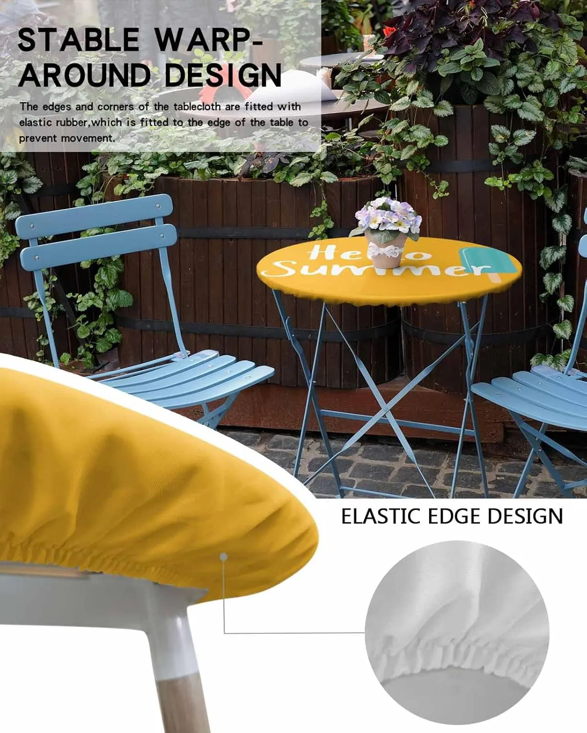 Round Fitted Tablecloth - Hello Summer Funny Text Waterproof Table Cover for Indoor Outdoor Holiday Party, Blue Ice Cream on Orange Elastic Edged Tablecloths Fit Up 55"-60" Tables