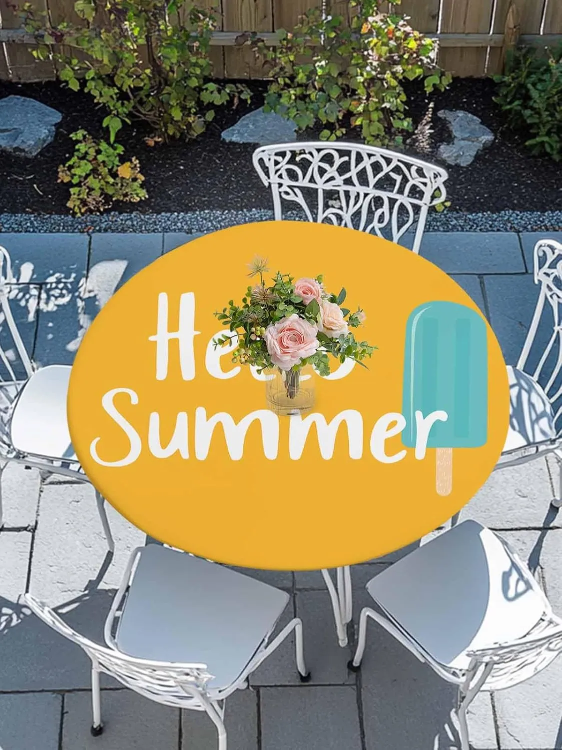 Round Fitted Tablecloth - Hello Summer Funny Text Waterproof Table Cover for Indoor Outdoor Holiday Party, Blue Ice Cream on Orange Elastic Edged Tablecloths Fit Up 55"-60" Tables