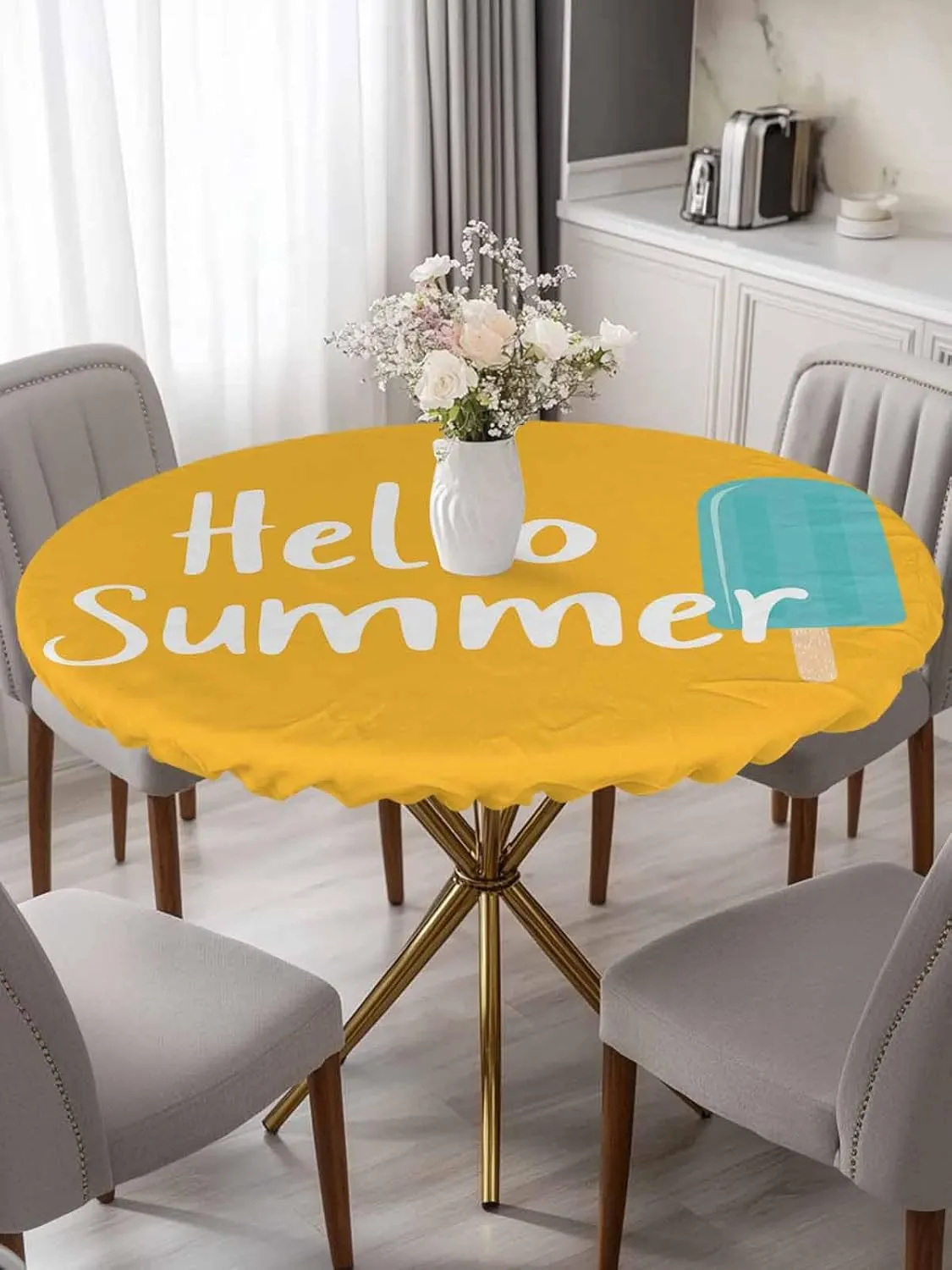 Round Fitted Tablecloth - Hello Summer Funny Text Waterproof Table Cover for Indoor Outdoor Holiday Party, Blue Ice Cream on Orange Elastic Edged Tablecloths Fit Up 55"-60" Tables