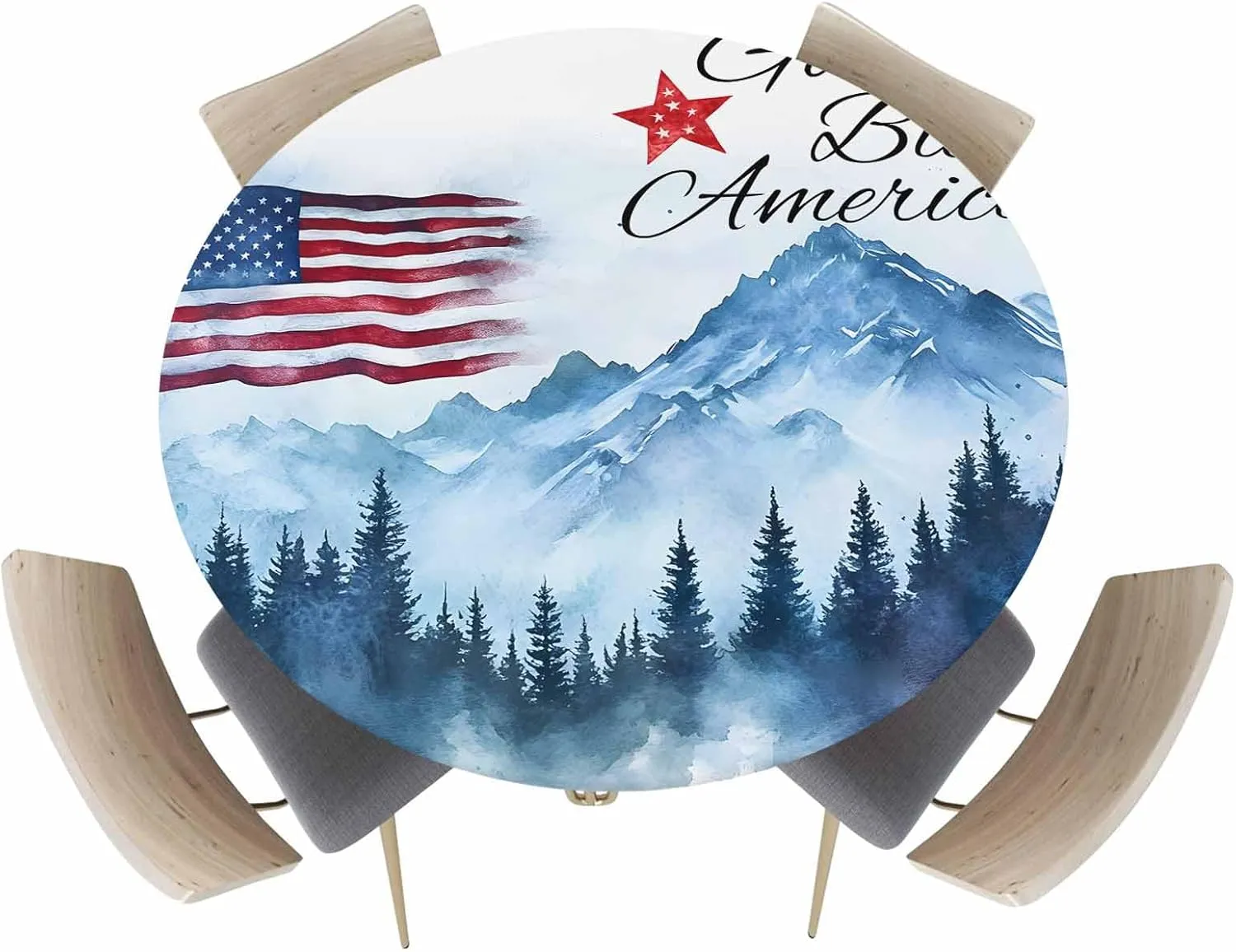 Round Fitted Tablecloth - Patriotic Quotes Natural Scenery Waterproof Table Cover for Indoor Outdoor Holiday Party, Patriotic American Flag Elastic Edged Tablecloths Fit Up 45"-54" Tables