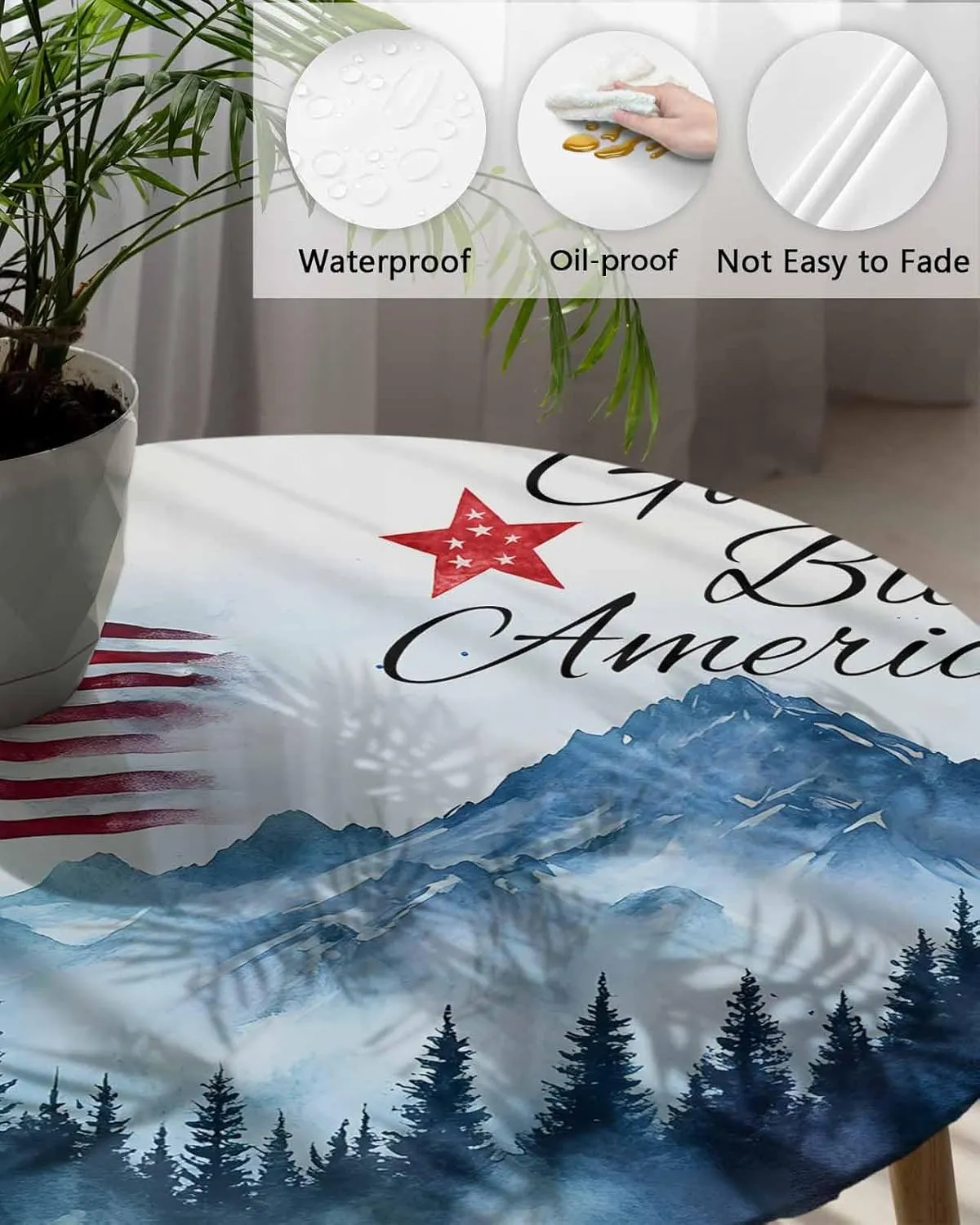 Round Fitted Tablecloth - Patriotic Quotes Natural Scenery Waterproof Table Cover for Indoor Outdoor Holiday Party, Patriotic American Flag Elastic Edged Tablecloths Fit Up 45"-54" Tables