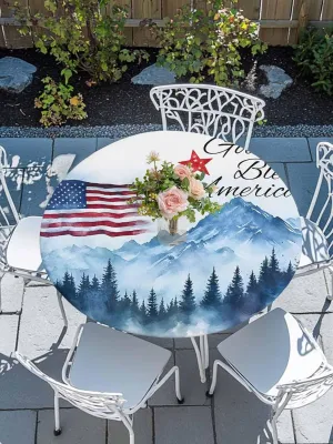 Round Fitted Tablecloth - Patriotic Quotes Natural Scenery Waterproof Table Cover for Indoor Outdoor Holiday Party, Patriotic American Flag Elastic Edged Tablecloths Fit Up 45"-54" Tables