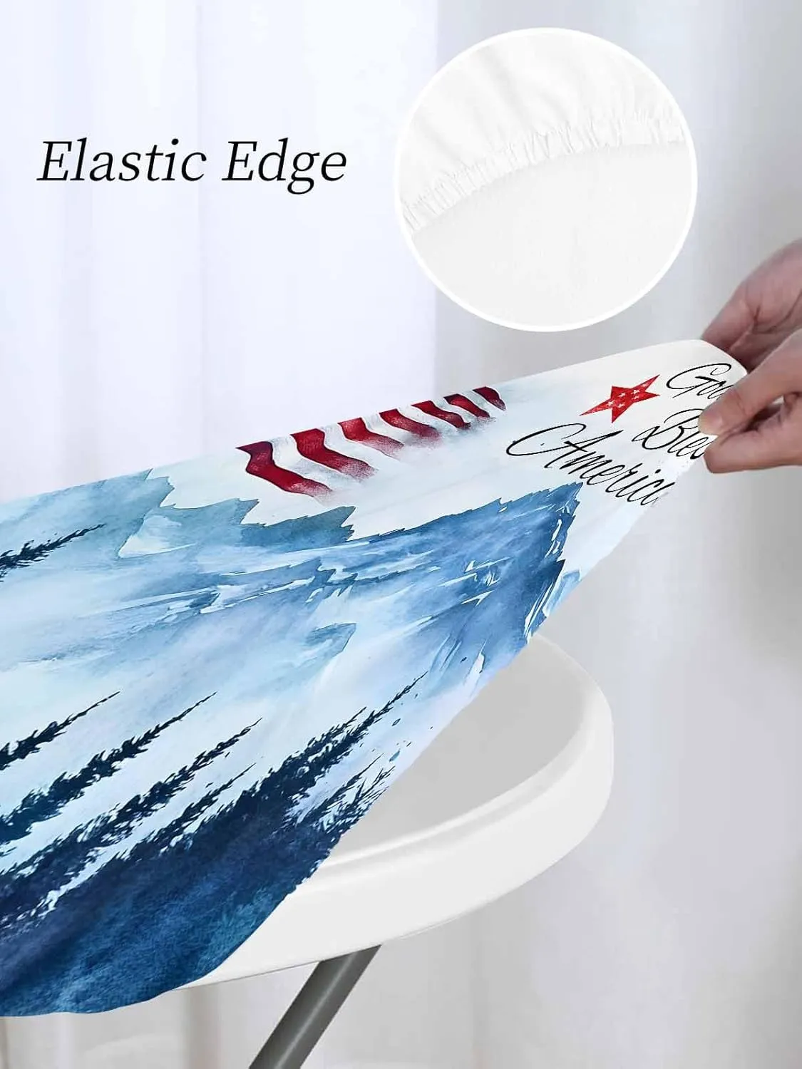 Round Fitted Tablecloth - Patriotic Quotes Natural Scenery Waterproof Table Cover for Indoor Outdoor Holiday Party, Patriotic American Flag Elastic Edged Tablecloths Fit Up 45"-54" Tables