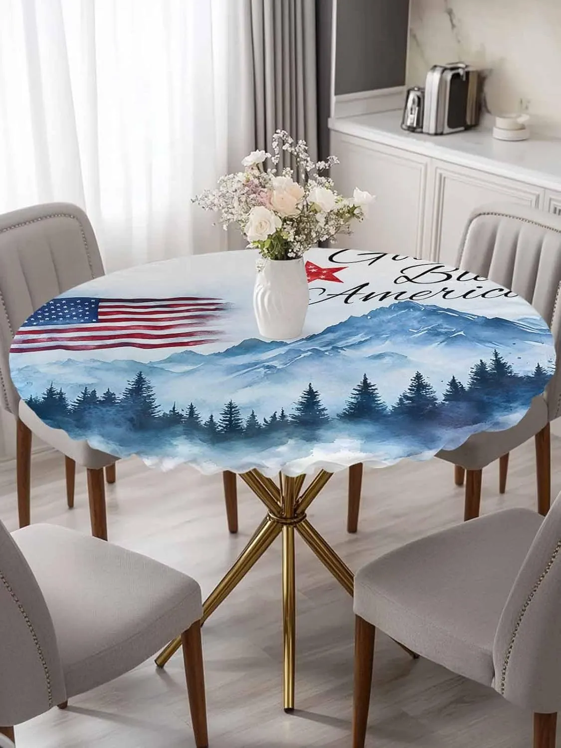 Round Fitted Tablecloth - Patriotic Quotes Natural Scenery Waterproof Table Cover for Indoor Outdoor Holiday Party, Patriotic American Flag Elastic Edged Tablecloths Fit Up 45"-54" Tables