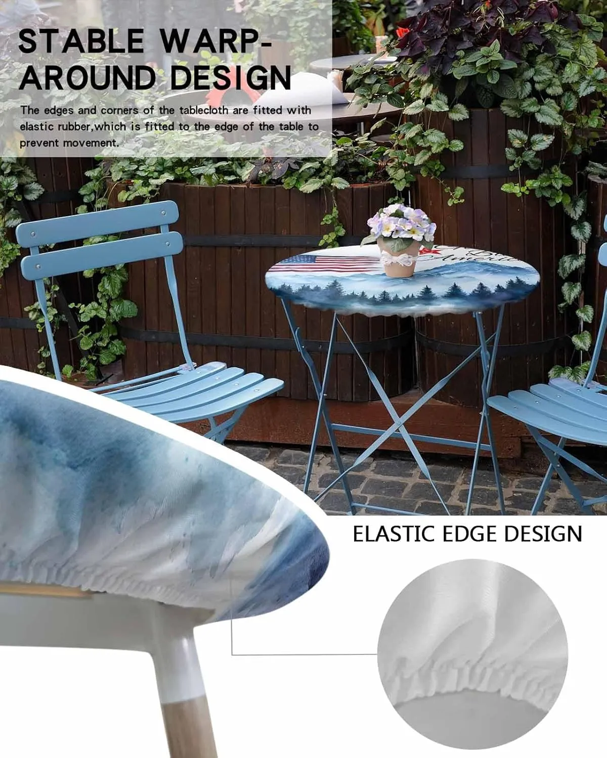 Round Fitted Tablecloth - Patriotic Quotes Natural Scenery Waterproof Table Cover for Indoor Outdoor Holiday Party, Patriotic American Flag Elastic Edged Tablecloths Fit Up 45"-54" Tables