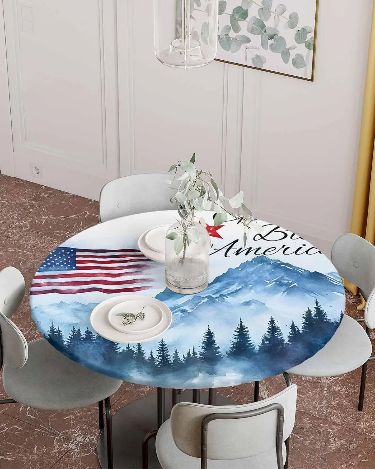 Round Fitted Tablecloth - Patriotic Quotes Natural Scenery Waterproof Table Cover for Indoor Outdoor Holiday Party, Patriotic American Flag Elastic Edged Tablecloths Fit Up 45"-54" Tables