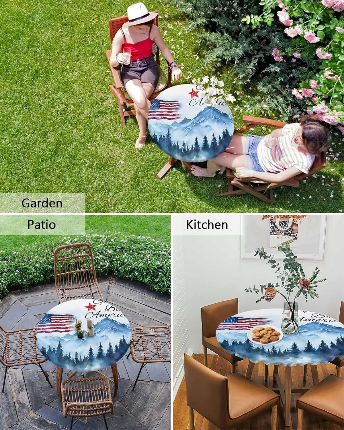Round Fitted Tablecloth - Patriotic Quotes Natural Scenery Waterproof Table Cover for Indoor Outdoor Holiday Party, Patriotic American Flag Elastic Edged Tablecloths Fit Up 45"-54" Tables