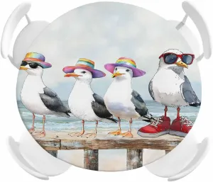 Round Fitted Tablecloth Retro Seaside Funny Seagull Waterproof Table Cover for Indoor Outdoor Holiday Party Vintage Coast Hat Bird Elastic Edged Tablecloths Fit Up 55"-60" Tables