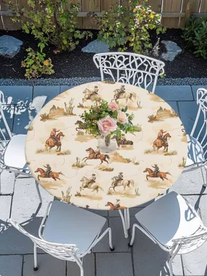 Round Fitted Tablecloth - Retro Western Cowboy in Desert Waterproof Table Cover for Indoor Outdoor Holiday Party, Vintage Country Horse Elastic Edged Tablecloths Fit Up 45"-54" Tables