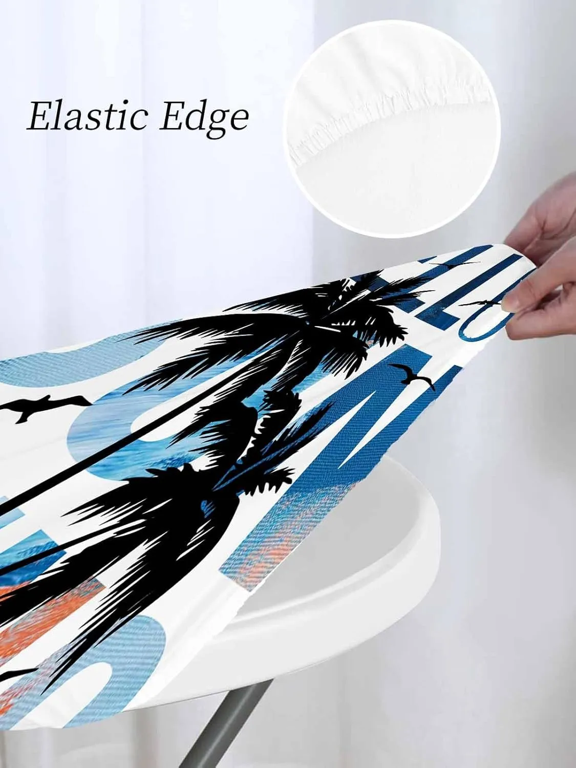 Round Fitted Tablecloth Summer Tropical Palm Trees Birds Waterproof Table Cover for Indoor Outdoor Holiday Party Hello Sunshine Text Elastic Edged Tablecloths Fit Up 55"-60" Tables