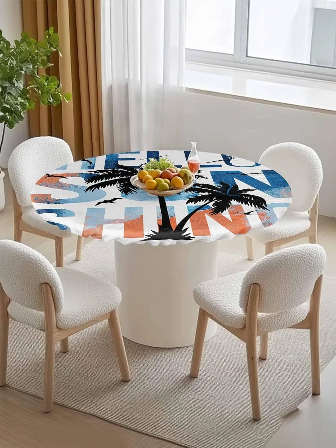 Round Fitted Tablecloth Summer Tropical Palm Trees Birds Waterproof Table Cover for Indoor Outdoor Holiday Party Hello Sunshine Text Elastic Edged Tablecloths Fit Up 55"-60" Tables