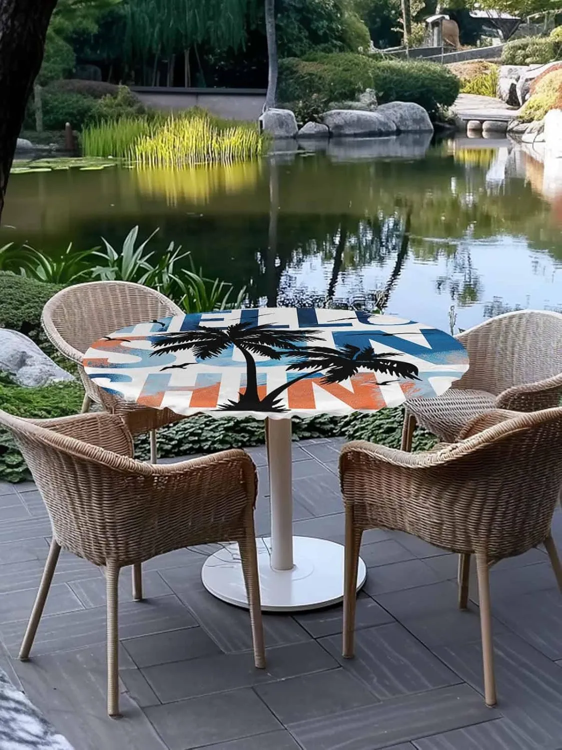 Round Fitted Tablecloth Summer Tropical Palm Trees Birds Waterproof Table Cover for Indoor Outdoor Holiday Party Hello Sunshine Text Elastic Edged Tablecloths Fit Up 55"-60" Tables