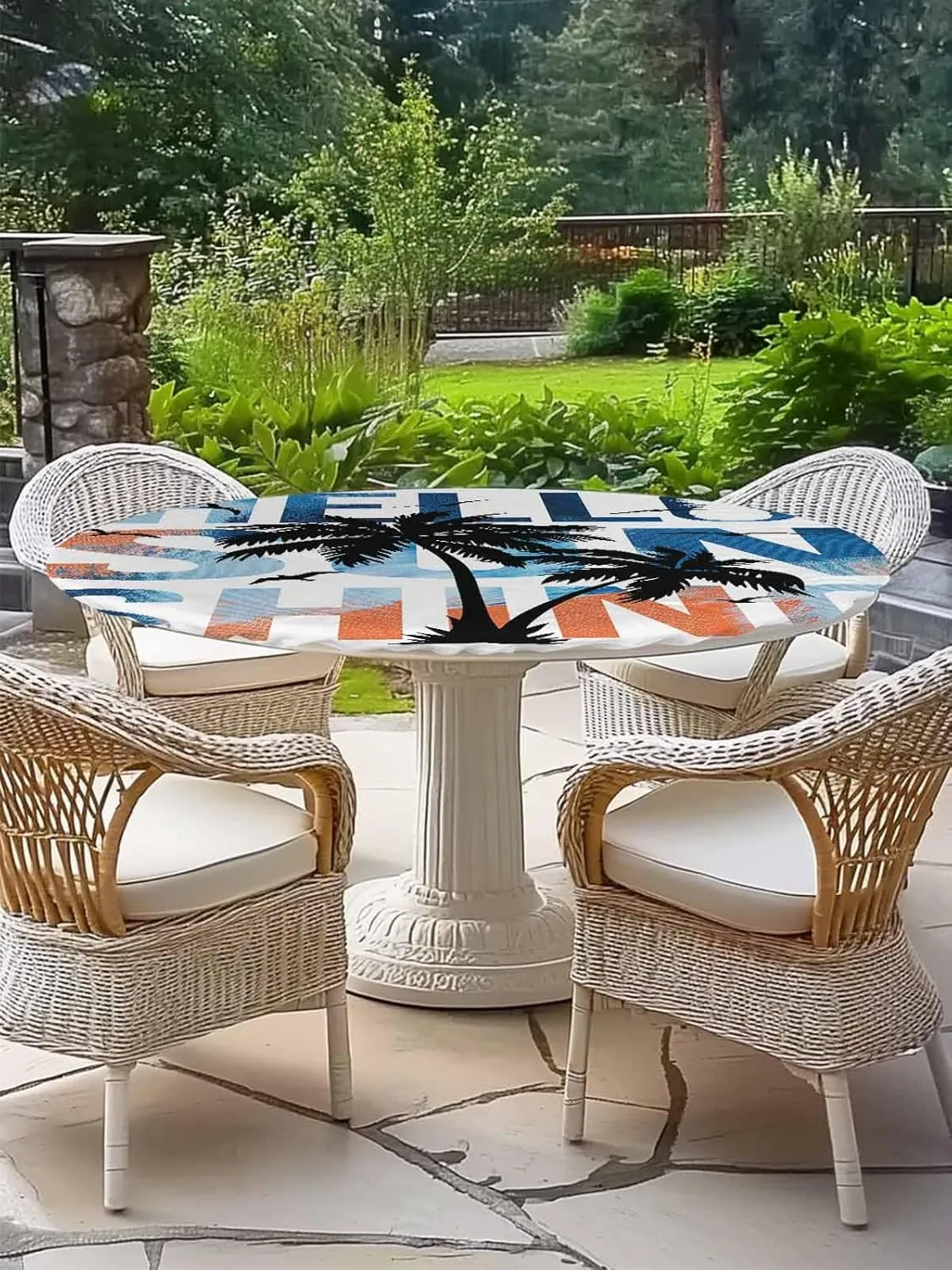 Round Fitted Tablecloth Summer Tropical Palm Trees Birds Waterproof Table Cover for Indoor Outdoor Holiday Party Hello Sunshine Text Elastic Edged Tablecloths Fit Up 55"-60" Tables