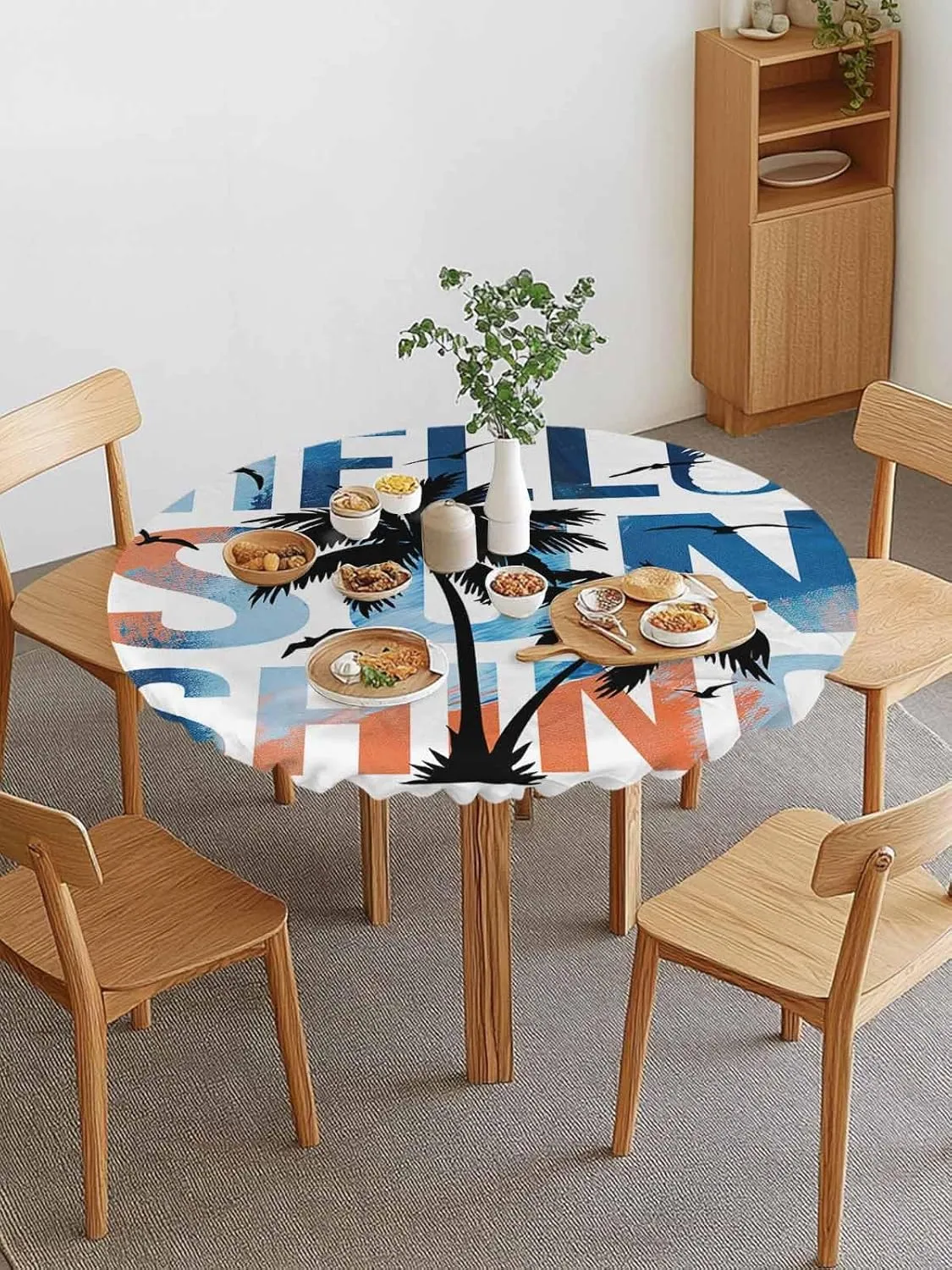 Round Fitted Tablecloth Summer Tropical Palm Trees Birds Waterproof Table Cover for Indoor Outdoor Holiday Party Hello Sunshine Text Elastic Edged Tablecloths Fit Up 55"-60" Tables