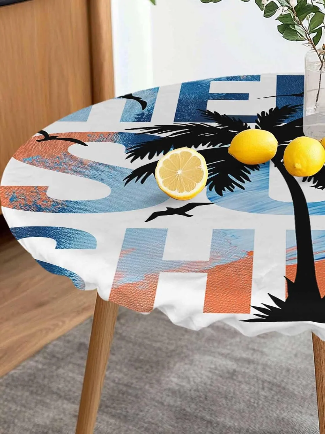 Round Fitted Tablecloth Summer Tropical Palm Trees Birds Waterproof Table Cover for Indoor Outdoor Holiday Party Hello Sunshine Text Elastic Edged Tablecloths Fit Up 55"-60" Tables
