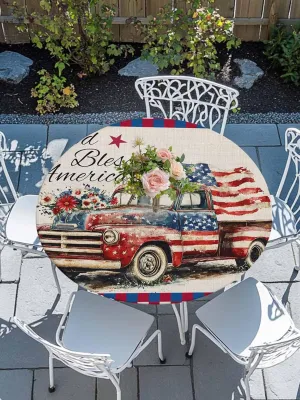Round Fitted Tablecloth - Vintage American Flag Truck Waterproof Table Cover for Indoor Outdoor Holiday Party, Retro Red White Blue Plaid Elastic Edged Tablecloths Fit Up 55"-60" Tables