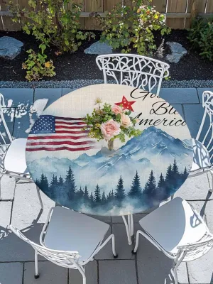 Round Fitted Tablecloth - Vintage Patriotic USA Flag Mountains Waterproof Table Cover for Indoor Outdoor Holiday Party, God Bless America Elastic Edged Tablecloths Fit Up 45"-54" Tables