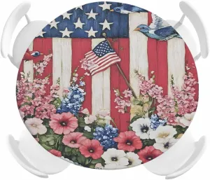 Round Fitted Tablecloth Vintage USA Flag Floral on Wood Waterproof Table Cover for Indoor Outdoor Holiday Party Independence Day Bird Elastic Edged Tablecloths Fit Up 45"-54" Tables