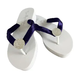 Round Rhinestone Jewel Embellishment Flip Flops, Purple Satin Ribbon or Customize Color, Flat or Wedge in White & Ivory Heel