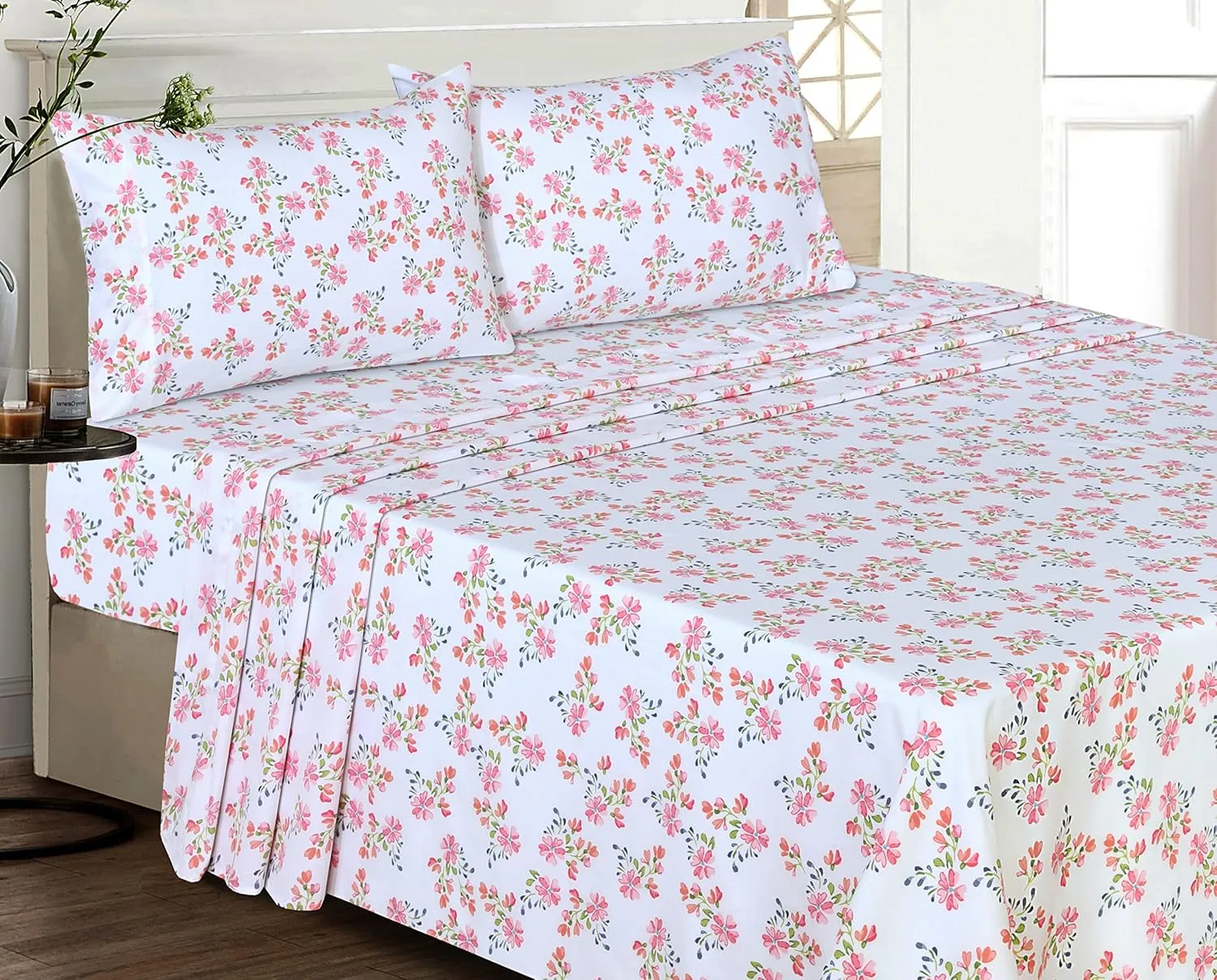 RUVANTI 100% Cotton Full Size Bed Sheets, 4 Pieces, Soft & Breathable Percale Weave Bedding, Deep Pocket 16", Hotel Standard, Crisp Cool Feel, Durable, Perfect Sheet Set Floral, Bloomex