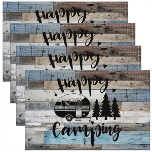 RV Camper Placemats Set of 4 Blue Gray,Farmhouse Style Stripes Place Mats 12x18 Inch for Dining Table Decorations,Happy Camping Trailer Handrawn Pine Table Placemats for Kitchen Decor