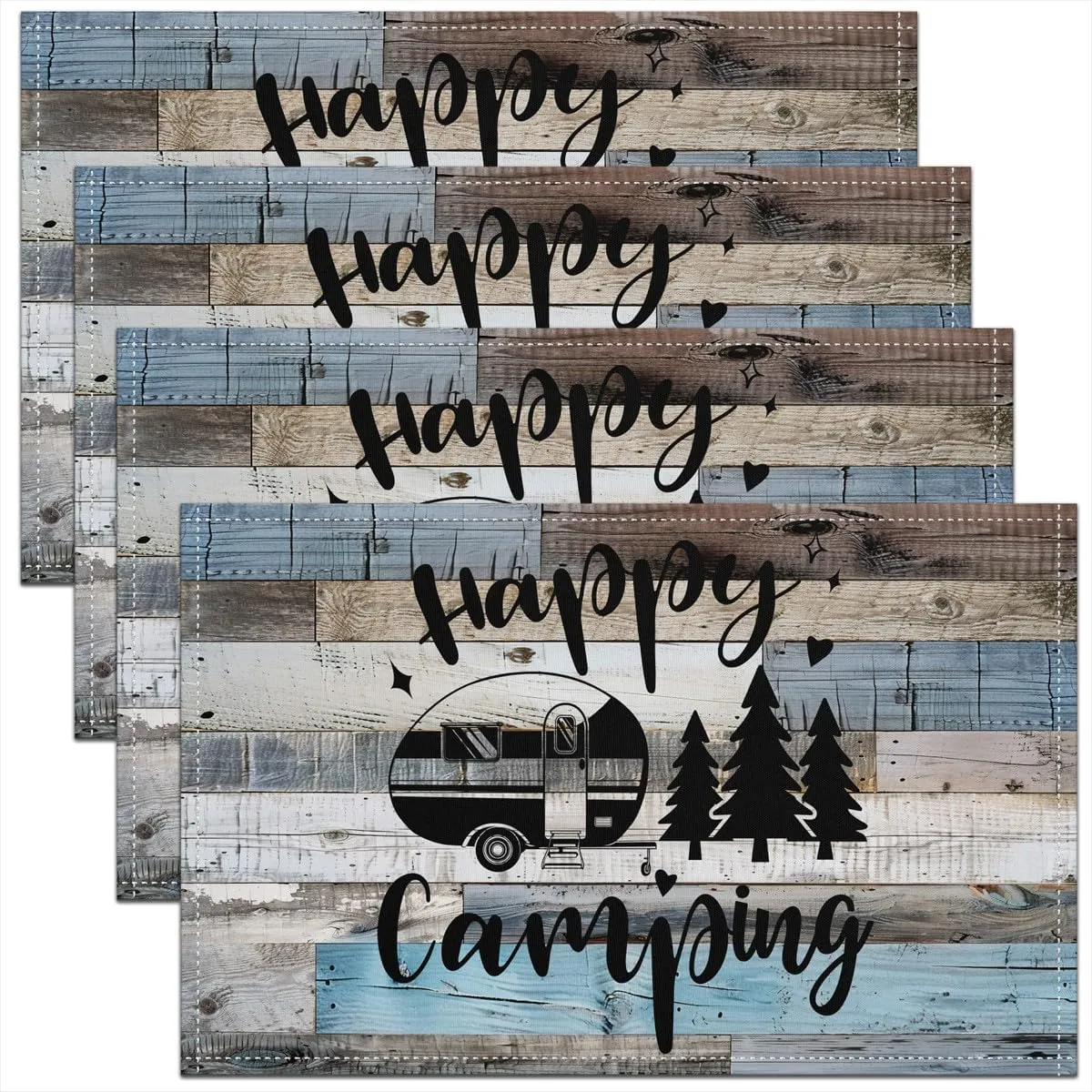 RV Camper Placemats Set of 4 Blue Gray,Farmhouse Style Stripes Place Mats 12x18 Inch for Dining Table Decorations,Happy Camping Trailer Handrawn Pine Table Placemats for Kitchen Decor