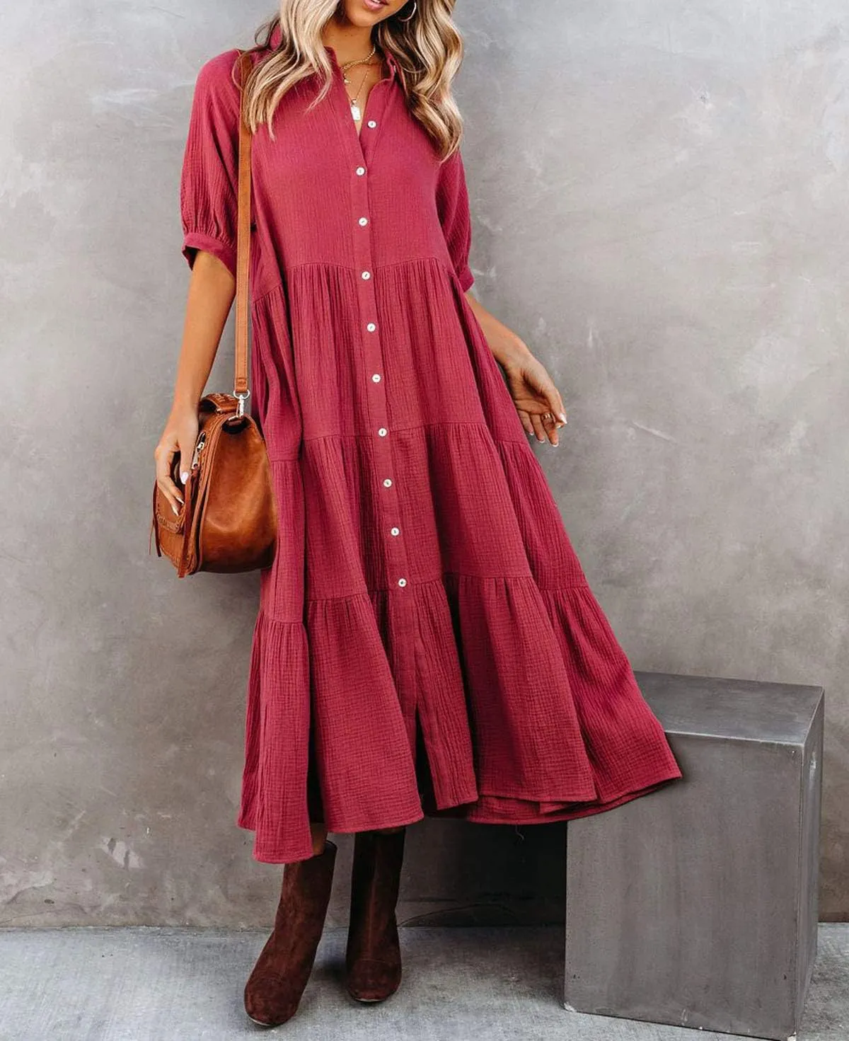 R.Vivimos Women's Summer Cotton Half Sleeves Button Down Casual Loose Slit Midi Dress with Pockets
