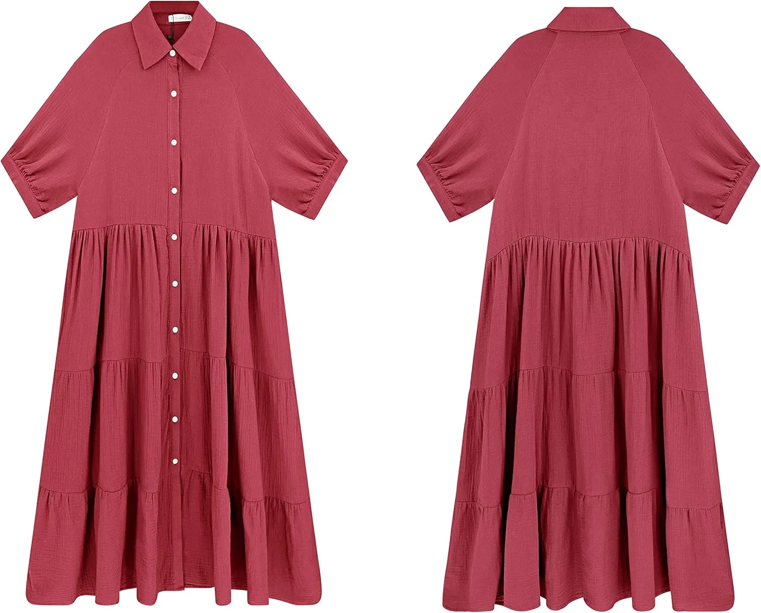 R.Vivimos Women's Summer Cotton Half Sleeves Button Down Casual Loose Slit Midi Dress with Pockets