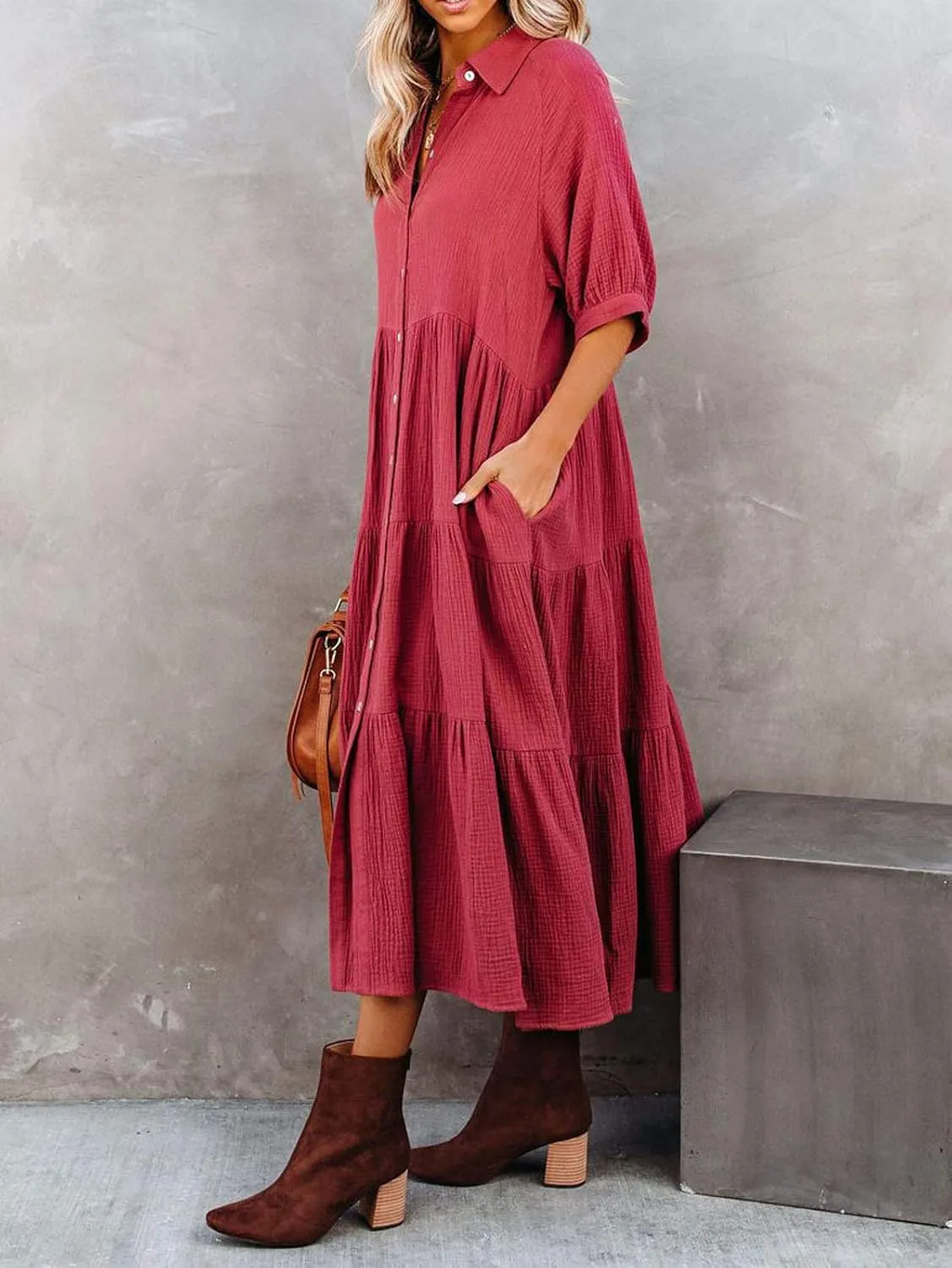 R.Vivimos Women's Summer Cotton Half Sleeves Button Down Casual Loose Slit Midi Dress with Pockets