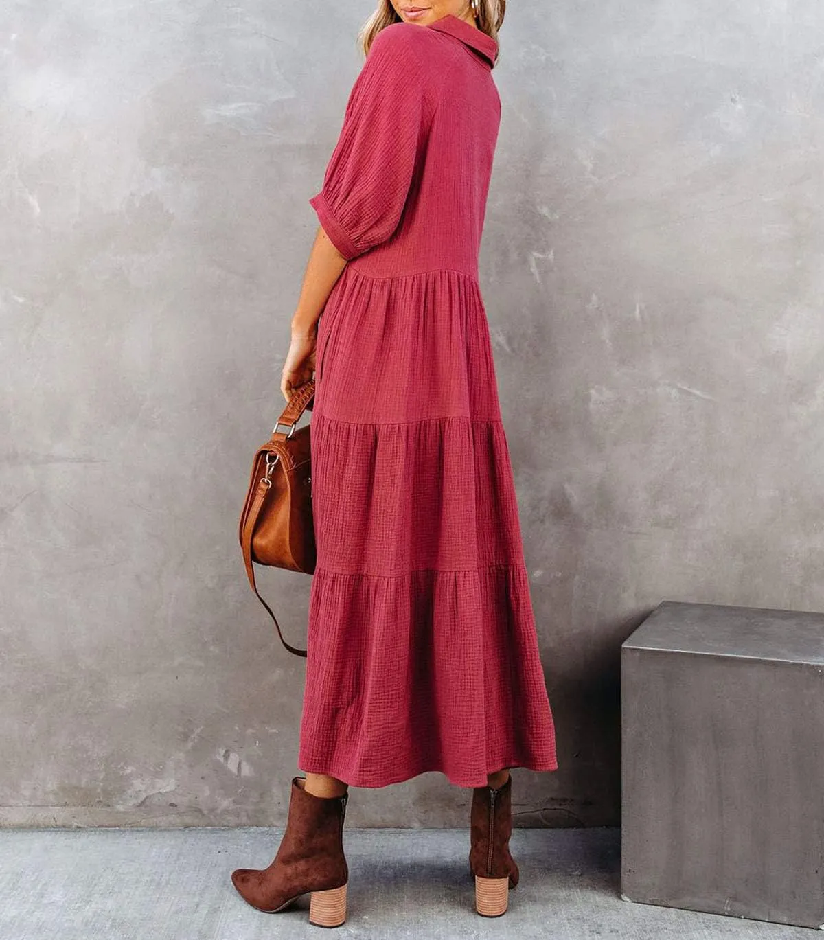 R.Vivimos Women's Summer Cotton Half Sleeves Button Down Casual Loose Slit Midi Dress with Pockets