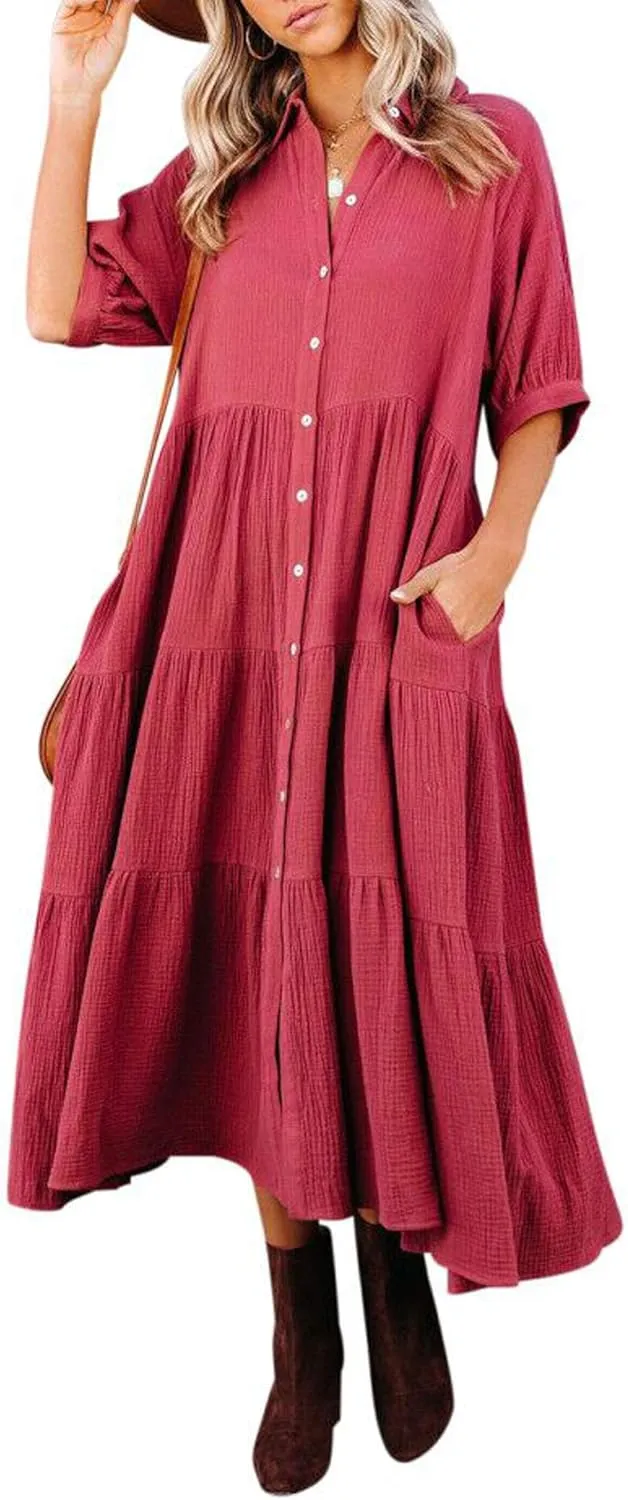 R.Vivimos Women's Summer Cotton Half Sleeves Button Down Casual Loose Slit Midi Dress with Pockets