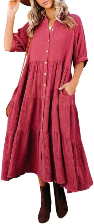 R.Vivimos Women's Summer Cotton Half Sleeves Button Down Casual Loose Slit Midi Dress with Pockets