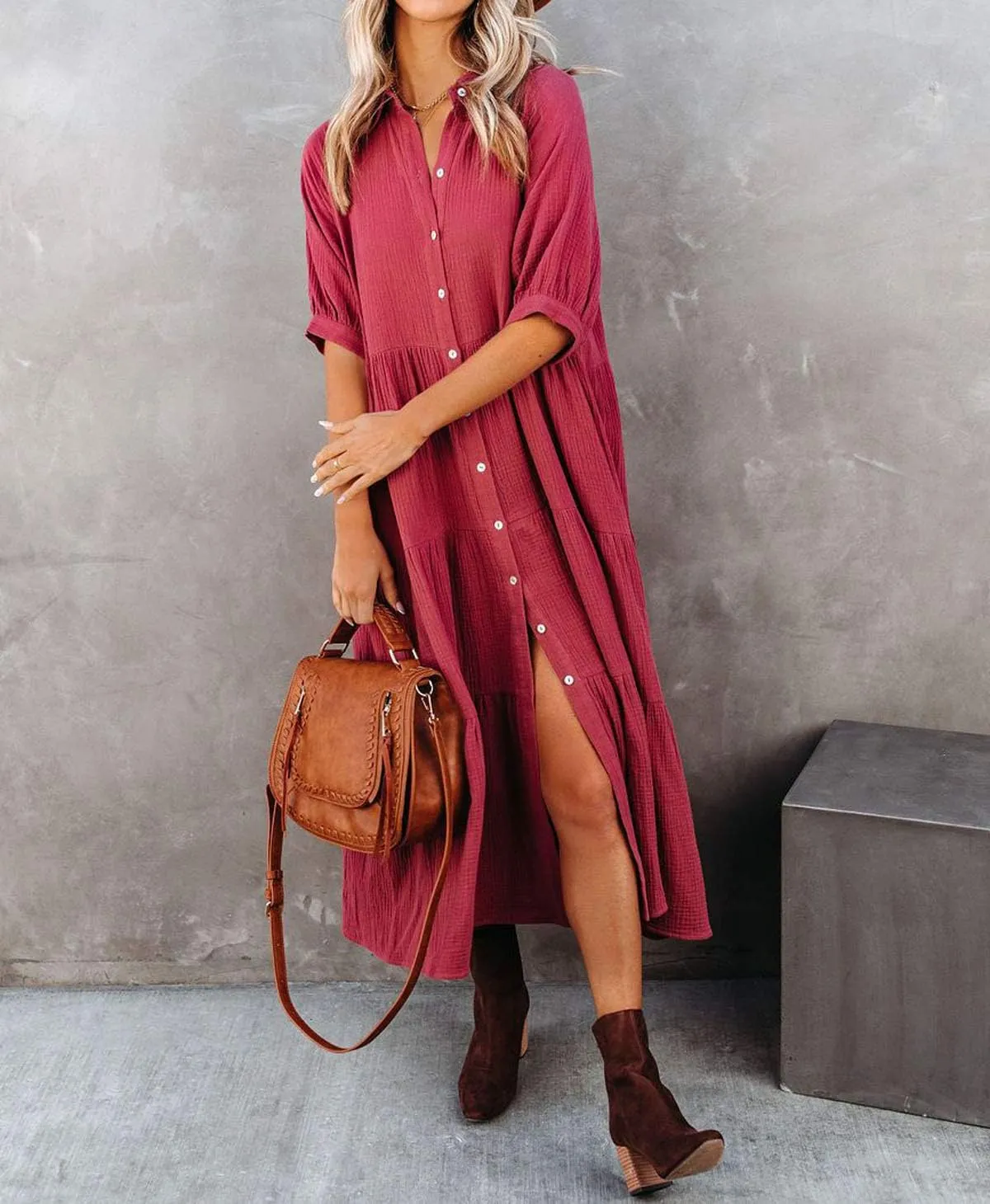 R.Vivimos Women's Summer Cotton Half Sleeves Button Down Casual Loose Slit Midi Dress with Pockets