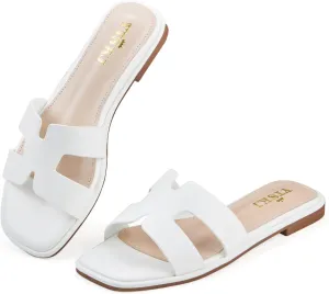 Sandals For Women 2025 Dressy Flat Slides Open Toe Sandals Comfortable Soft Leather Slides Slip On Ladies Casual Trendy Shoes