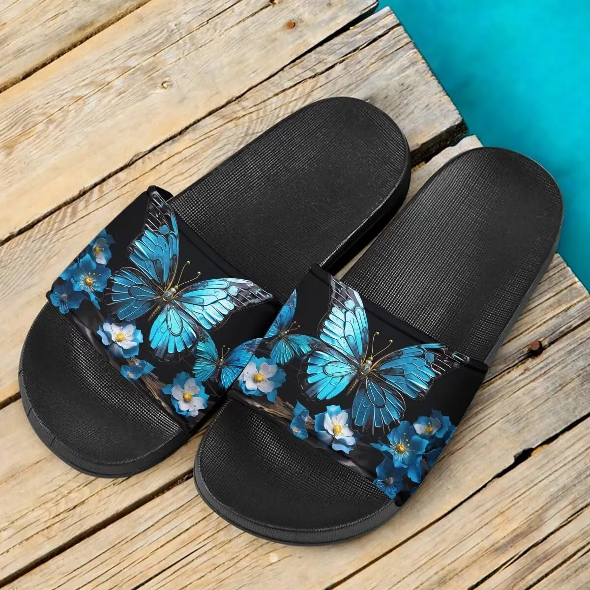 Sandals Women Comfortable Lightweight Summer Sandals Non Slip Slides Butterfly Print Beach Hotel Indoor Outdoor