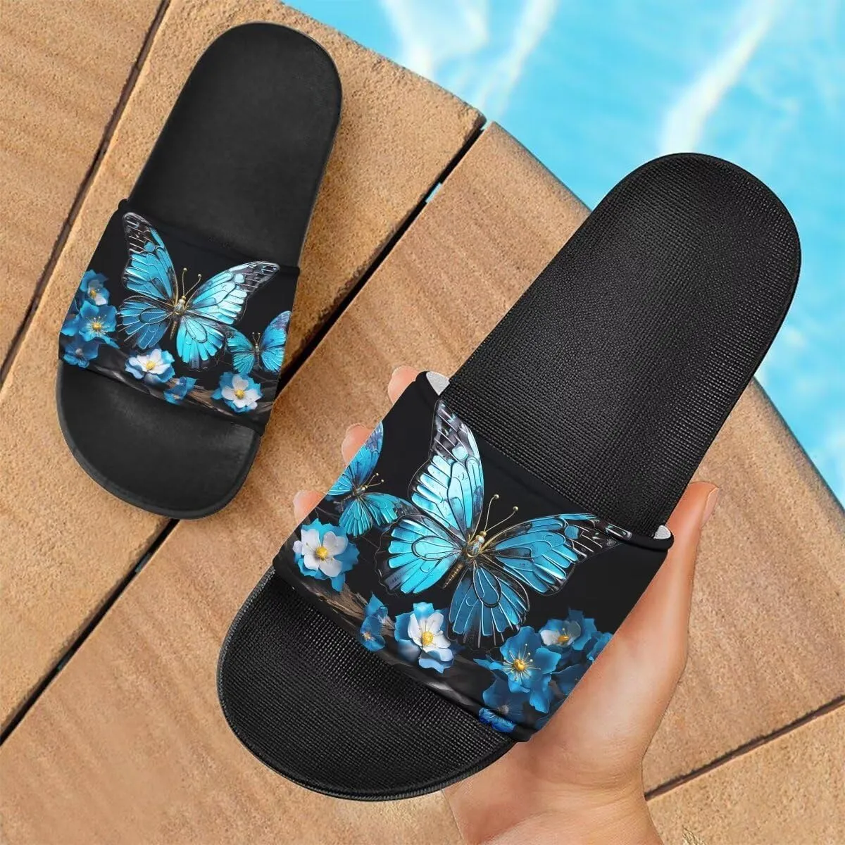Sandals Women Comfortable Lightweight Summer Sandals Non Slip Slides Butterfly Print Beach Hotel Indoor Outdoor