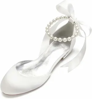 Satin Pearls Wedding Flats Shoes for Bride Round Toe Formal Evening Party Dress Flat Shoes Women 5049-63